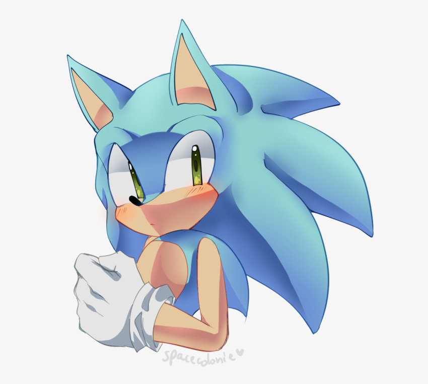 1boy animal_ears artist_name blue_hair blush clenched_hand closed_mouth commentary english_commentary furry gloves green_eyes grey_background hand_up heart long_hair looking_at_viewer male_focus signature simple_background solo sonic sonic_the_hedgehog spacecolonie upper_body white_gloves