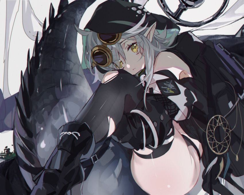 1girl arknights bangs bare_shoulders black_footwear black_legwear boots commentary_request crocodilian_tail goggles goggles_on_head highres hood kanose knee_up large_tail long_sleeves looking_at_viewer pointy_ears short_hair silver_hair solo tail thigh-highs thighs tomimi_(arknights) torn_clothes torn_legwear yellow_eyes