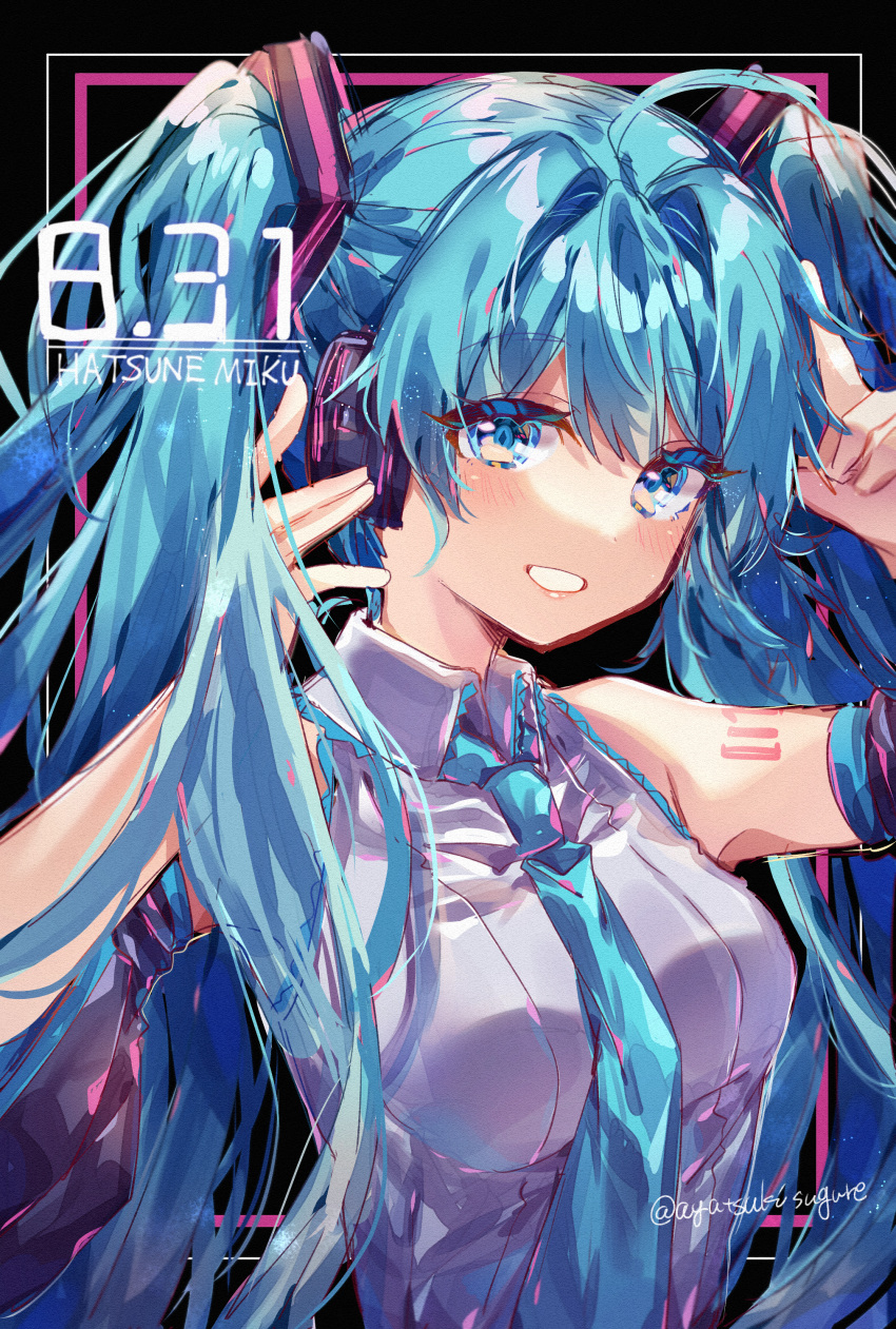 1girl :d absurdres arm_up ayatsuki_sugure bare_shoulders black_sleeves blue_eyes blue_hair blue_neckwear blush breasts character_name collared_shirt colored_eyelashes commentary_request dated detached_sleeves grey_shirt grin hands_on_headphones hatsune_miku highres huge_filesize index_finger_raised long_hair long_sleeves looking_at_viewer medium_breasts necktie number_tattoo open_mouth shirt shoulder_tattoo smile solo tattoo teeth twintails twitter_username upper_body very_long_hair vocaloid