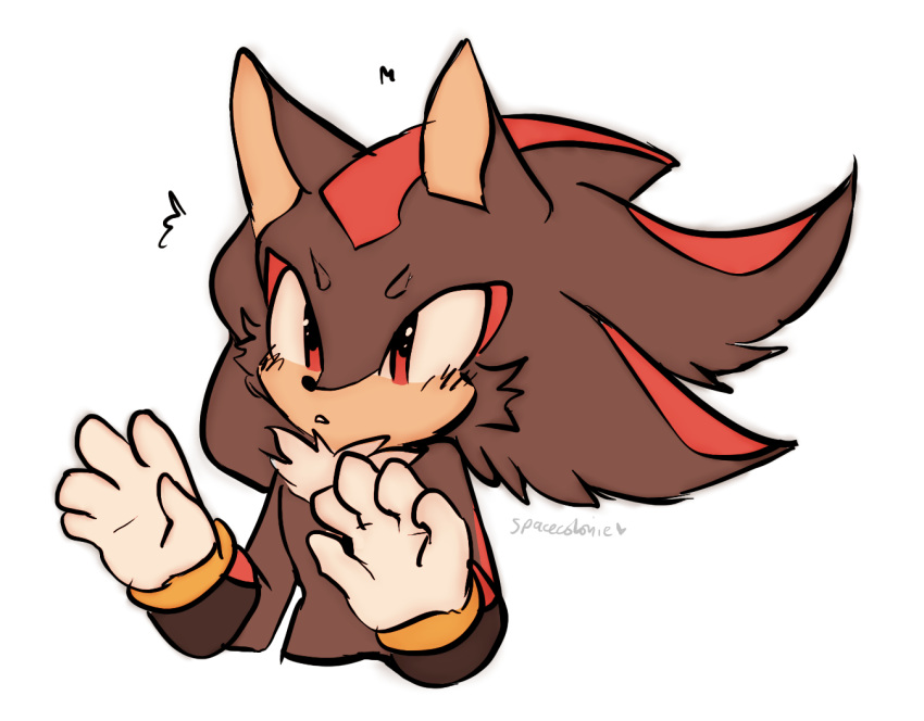 1boy animal_ears artist_name black_hair blush commentary cropped_torso english_commentary flying_sweatdrops furry gloves hands_up heart male_focus multicolored_hair parted_lips red_eyes redhead shadow_the_hedgehog signature simple_background sketch solo sonic_the_hedgehog spacecolonie teeth two-tone_hair upper_body white_background white_gloves