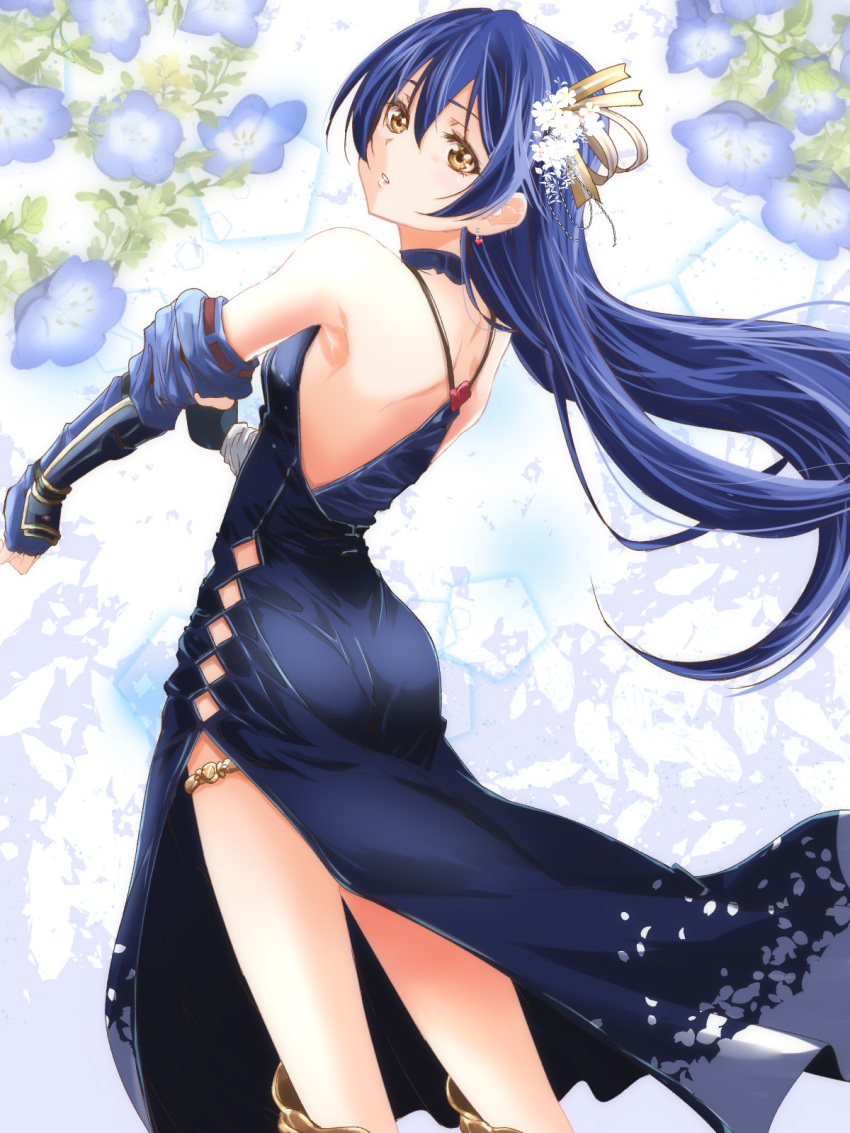 1girl ass back bangs blue_hair commentary_request cowboy_shot dress earrings elbow_gloves fingerless_gloves floating_hair floral_background from_behind gloves hair_between_eyes hair_ornament highres jewelry long_dress long_hair looking_back love_live! love_live!_school_idol_project side_slit sonoda_umi urutsu_sahari yellow_eyes