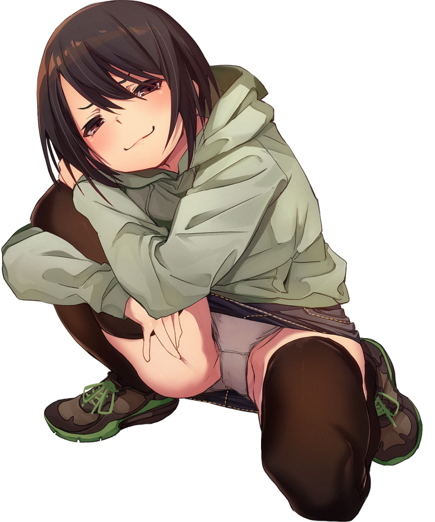 1girl :3 ass black_footwear black_hair black_skirt brown_legwear crotch_seam denim denim_skirt fu-ta grey_hoodie highres hood hood_down hoodie knee_up long_sleeves looking_at_viewer miniskirt original panties pantyshot red_eyes shoes short_hair simple_background skirt smug sneakers solo thigh-highs underwear white_background white_panties