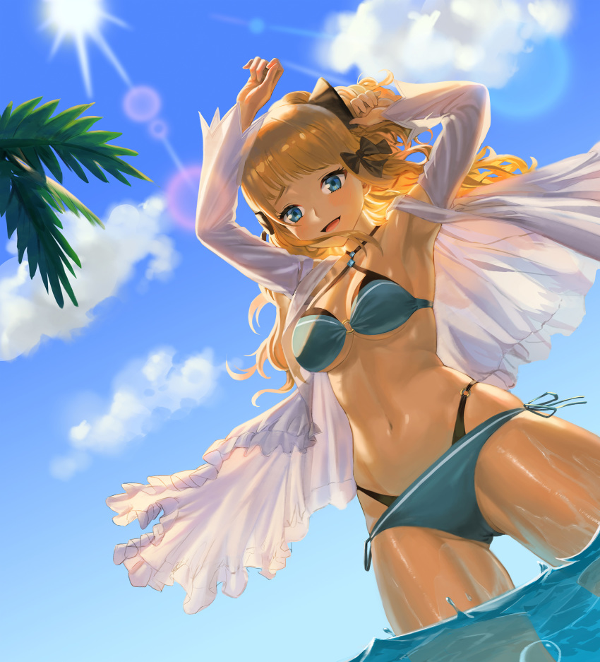 1girl bangs bikini black_bow blonde_hair blue_eyes blush bow breasts elf eyebrows_visible_through_hair hair_bow hair_ornament highres large_breasts long_hair looking_at_viewer open_mouth pointy_ears ponytail princess_connect! princess_connect!_re:dive saren_(princess_connect!) smile solo swimsuit taktori