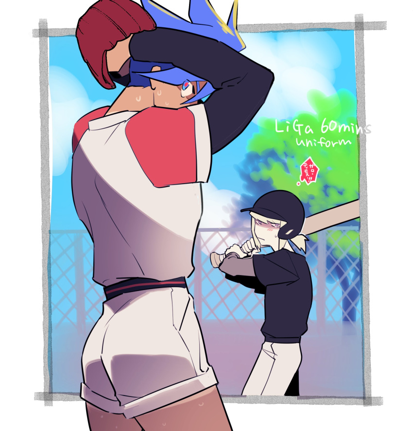 2boys baseball baseball_bat baseball_helmet baseball_mitt baseball_uniform black_shirt blue_eyes blue_hair blue_sky cowboy_shot fence galo_thymos helmet highres lio_fotia male_focus momohara_kana multiple_boys pants pitching promare raglan_sleeves shirt short_shorts short_sleeves shorts sky spiky_hair sportswear sweat tan tanline_peek tree white_pants white_shorts