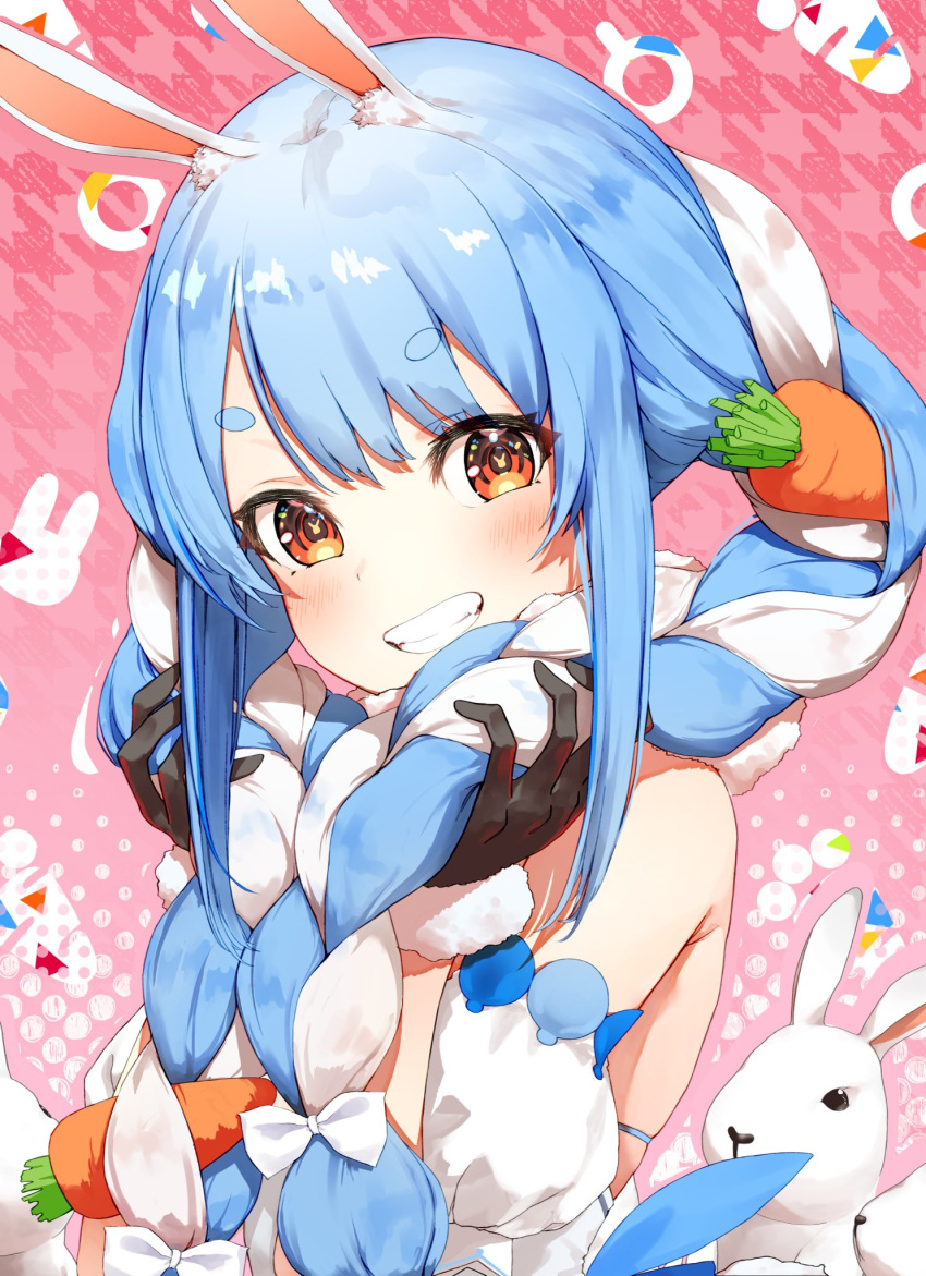 1girl animal animal_ears artist_request bangs bare_shoulders black_gloves blue_hair blush bow braid brown_eyes brown_hair carrot_hair_ornament commentary_request food_themed_hair_ornament gloves hair_ornament hands_up highres holding hololive long_hair looking_at_viewer multicolored_hair parted_lips rabbit rabbit_ears shiny shiny_hair simple_background smile symbol-shaped_pupils teeth tied_hair twin_braids twintails two-tone_hair upper_body usada_pekora virtual_youtuber white_bow white_hair