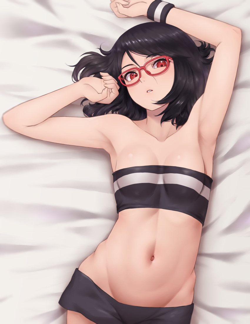 1girl absurdres alternate_costume arm_over_head arm_up armpits bandeau bangs bare_arms bare_shoulders bed_sheet black_bandeau black_hair black_shorts boruto:_naruto_next_generations boruto:_naruto_the_movie breasts collarbone from_above glasses groin hand_up highres looking_at_viewer lying medium_breasts midriff miru_(wvjc7832) naruto_(series) navel on_back parted_lips red-framed_eyewear red_eyes sharingan short_hair short_shorts shorts small_breasts solo stomach striped striped_bandeau teeth uchiha_sarada upper_body white_bandeau wristband