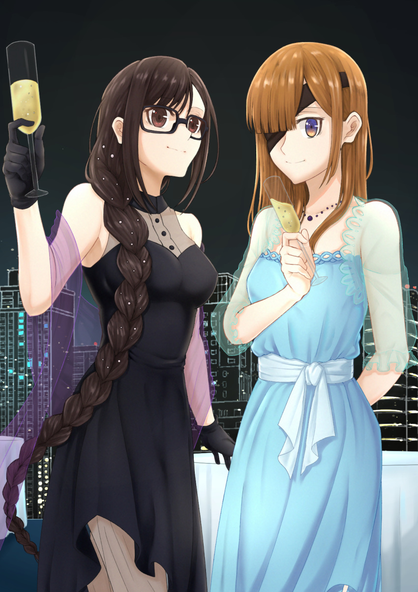 2girls akuta_hinako alcohol alternate_costume bare_shoulders bbyau_(yoyosobadgril) black_dress black_gloves black_hair blue_dress braid brown_eyes building champagne champagne_flute commentary_request consort_yu_(fate) cup dress drinking_glass eyepatch fate/grand_order fate_(series) gloves hair_over_shoulder highres holding holding_cup jewelry long_braid long_hair looking_at_viewer multiple_girls necklace night ophelia_phamrsolone purple_shawl see-through_sleeves single_braid skyline skyscraper sleeveless sleeveless_dress smile very_long_hair