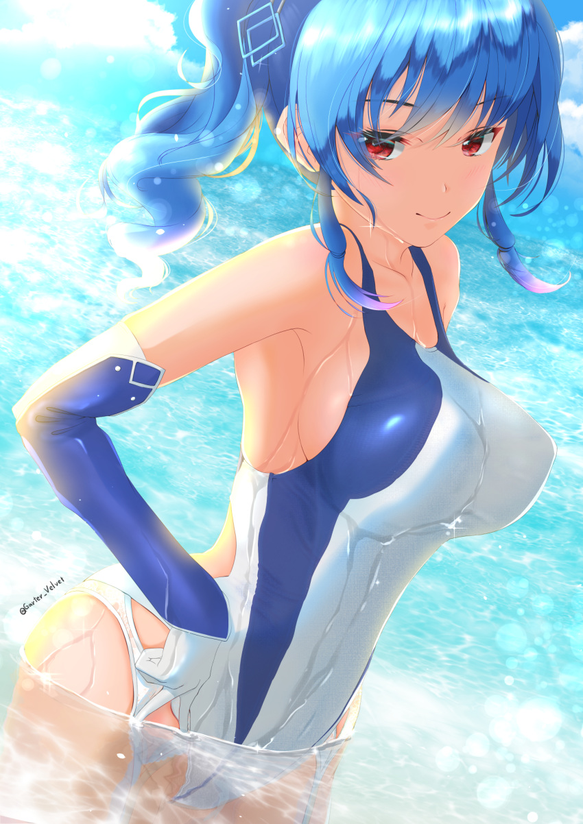 1girl azur_lane blue_hair breasts competition_swimsuit covered_navel covered_nipples elbow_gloves garter-velvet garter_belt garter_straps gloves hair_ornament hairclip highres large_breasts looking_at_viewer one-piece_swimsuit partially_submerged red_eyes side_ponytail sideboob sidelocks smile solo st._louis_(azur_lane) swimsuit twitter_username wet