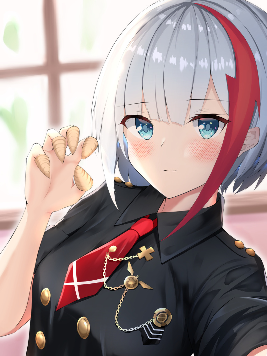 1girl absurdres admiral_graf_spee_(azur_lane) admiral_graf_spee_(daily_peaceful_life)_(azur_lane) azur_lane bangs blue_eyes blunt_bangs bugles bugles_on_fingers commentary_request dress firin highres looking_at_viewer multicolored_hair necktie redhead short_hair sidelocks silver_hair solo streaked_hair