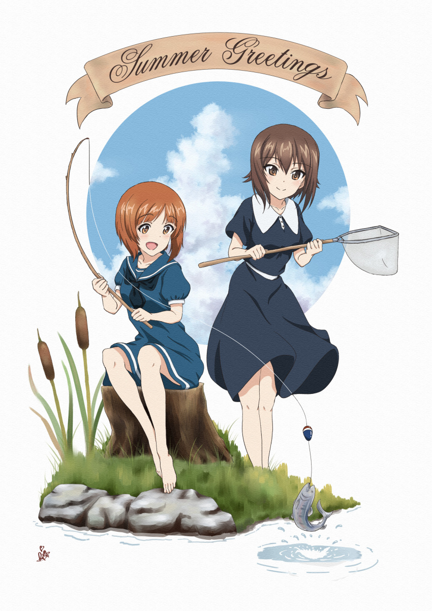 2girls absurdres artist_name bangs barefoot black_neckwear blue_dress blue_sky brown_eyes brown_hair cattail closed_mouth clouds cloudy_sky collared_dress commentary day dress english_text eyebrows_visible_through_hair fish fishing fishing_net fishing_rod girls_und_panzer highres holding holding_fishing_rod ishigoromo medium_dress multiple_girls neckerchief nishizumi_maho nishizumi_miho open_mouth outdoors plant sailor_collar short_hair short_sleeves signature sitting sky smile standing stream wing_collar