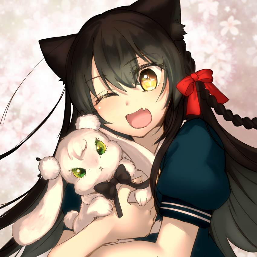 1girl ;d animal animal_ears animalization black_bow black_hair bow braid cat_ears chia_aich fang green_eyes hair_between_eyes hair_bow harvest_moon_(youtube) highres holding holding_animal hug long_hair looking_at_viewer nekone_suzu one_eye_closed open_mouth rabbit red_bow short_sleeves simple_background skin_fang smile upper_body usaki_rabi very_long_hair virtual_youtuber yellow_eyes