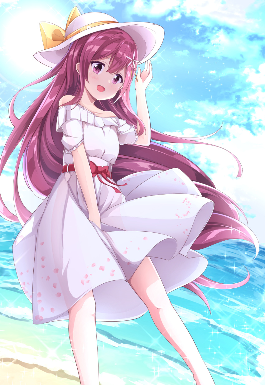 1girl :d absurdres acchii_(akina) beach blush collarbone day dress eyebrows_visible_through_hair feet_out_of_frame floating_hair hair_between_eyes hat highres kamikaze_(kantai_collection) kantai_collection long_hair ocean off-shoulder_dress off_shoulder open_mouth purple_hair short_sleeves smile solo sparkle sun sunlight violet_eyes water white_dress white_headwear