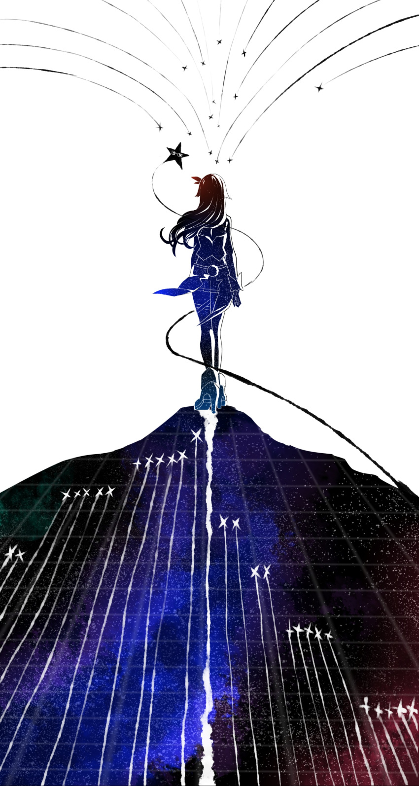 1girl absurdres grid hair_ornament high_heels highres hololive looking_back mikan_(chipstar182) ribbon simple_background solo star_(sky) tokino_sora virtual_youtuber walking_away
