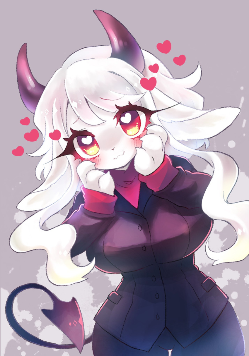 1girl :3 animal_ears animal_nose black_horns black_suit blush breasts bright_pupils claws commentary cowboy_shot demon_girl demon_horns demon_tail eyebrows_visible_through_hair furrification furry goat goat_ears goat_girl heart heart-shaped_pupils helltaker highres horns large_breasts long_hair long_sleeves looking_at_viewer modeus_(helltaker) red_eyes red_sweater ribbed_sweater sbi_arki solo sweater symbol-shaped_pupils tail turtleneck white_fur white_hair white_pupils
