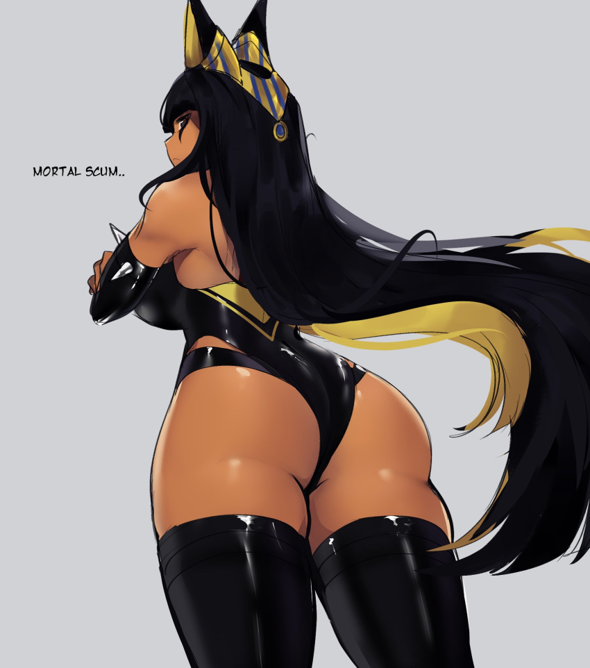 ... 1girl animal_ears anput_(nsfwolf) ass back backless_leotard black_hair blonde_hair breasts brown_eyes commentary cowboy_shot dark_skin elbow_gloves english_commentary english_text gloves grey_background highres jackal_ears large_breasts leotard long_hair nsfwolf original simple_background solo standing thigh-highs very_long_hair