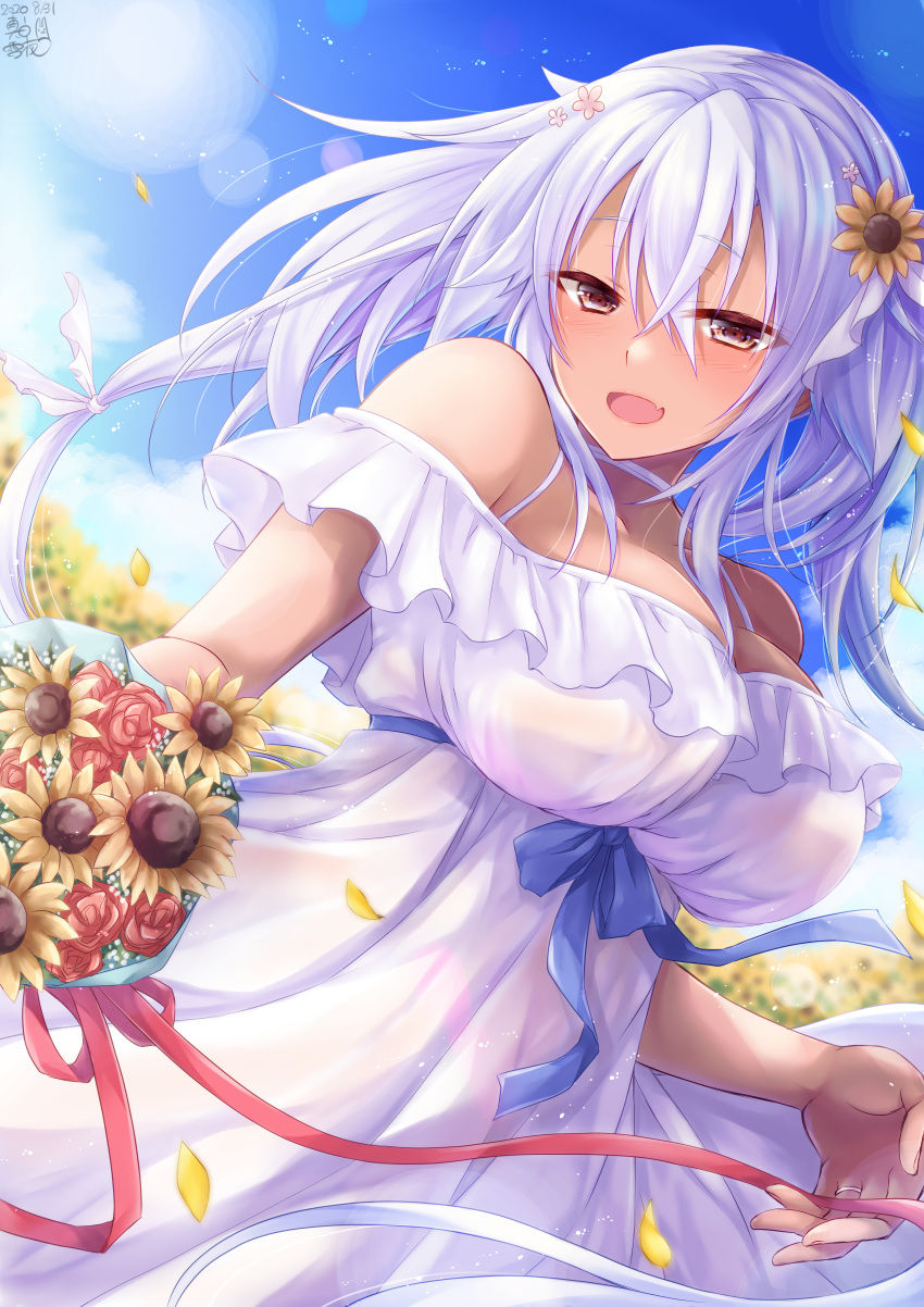0yukiya0 1girl absurdres alternate_costume blue_sky bouquet breasts brown_eyes clouds dark_skin day dress field flower flower_field graphite_(medium) grey_hair hair_between_eyes hair_flower hair_ornament highres huge_filesize jewelry kantai_collection large_breasts millipen_(medium) musashi_(kantai_collection) outdoors red_flower red_rose ring rose sky solo standing sundress sunflower traditional_media twintails wedding_band white_dress yellow_flower