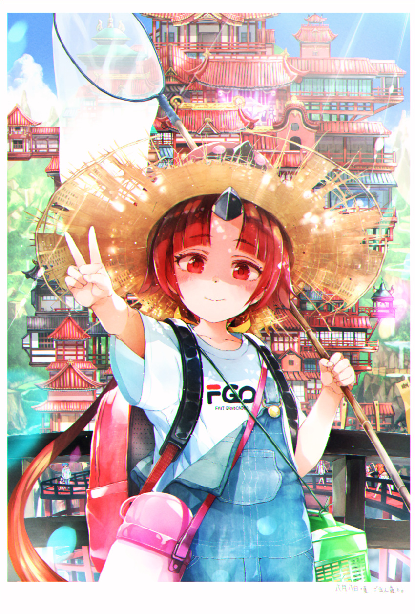 1girl architecture backpack bag benienma_(fate/grand_order) butterfly_net east_asian_architecture fate/grand_order fate_(series) gomennasai hand_net hat highres overalls red_eyes redhead smile straw_hat summer sunlight v