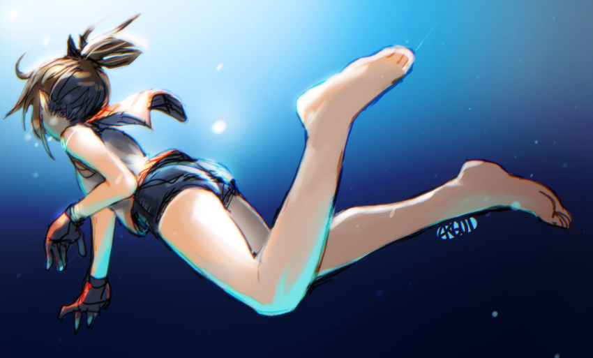 1girl ass barefoot brown_hair ergot freediving from_behind gloves gradient gradient_background hair_ornament hairclip i-401_(kantai_collection) kantai_collection looking_away orange_sailor_collar ponytail sailor_collar school_swimsuit shirt short_ponytail side-tie_shirt sleeveless sleeveless_shirt solo swimming swimsuit swimsuit_under_clothes underwater