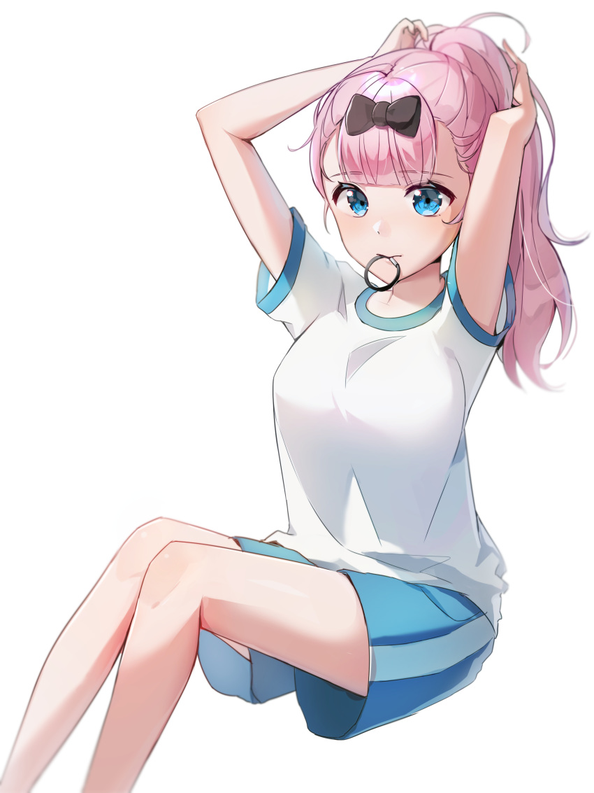 1girl absurdres adjusting_hair alternate_hairstyle arms_up bangs bare_arms black_bow blue_eyes blue_shorts blue_skirt blunt_bangs bow breasts closed_mouth collarbone commentary_request eyebrows_visible_through_hair feet_out_of_frame fujiwara_chika garglin hair_bow hair_tie hair_tie_in_mouth highres invisible_chair kaguya-sama_wa_kokurasetai_~tensai-tachi_no_renai_zunousen~ large_breasts long_hair looking_at_viewer mouth_hold pink_hair ponytail shirt short_sleeves shorts simple_background sitting skirt solo striped tying_hair vertical_stripes white_background white_shirt