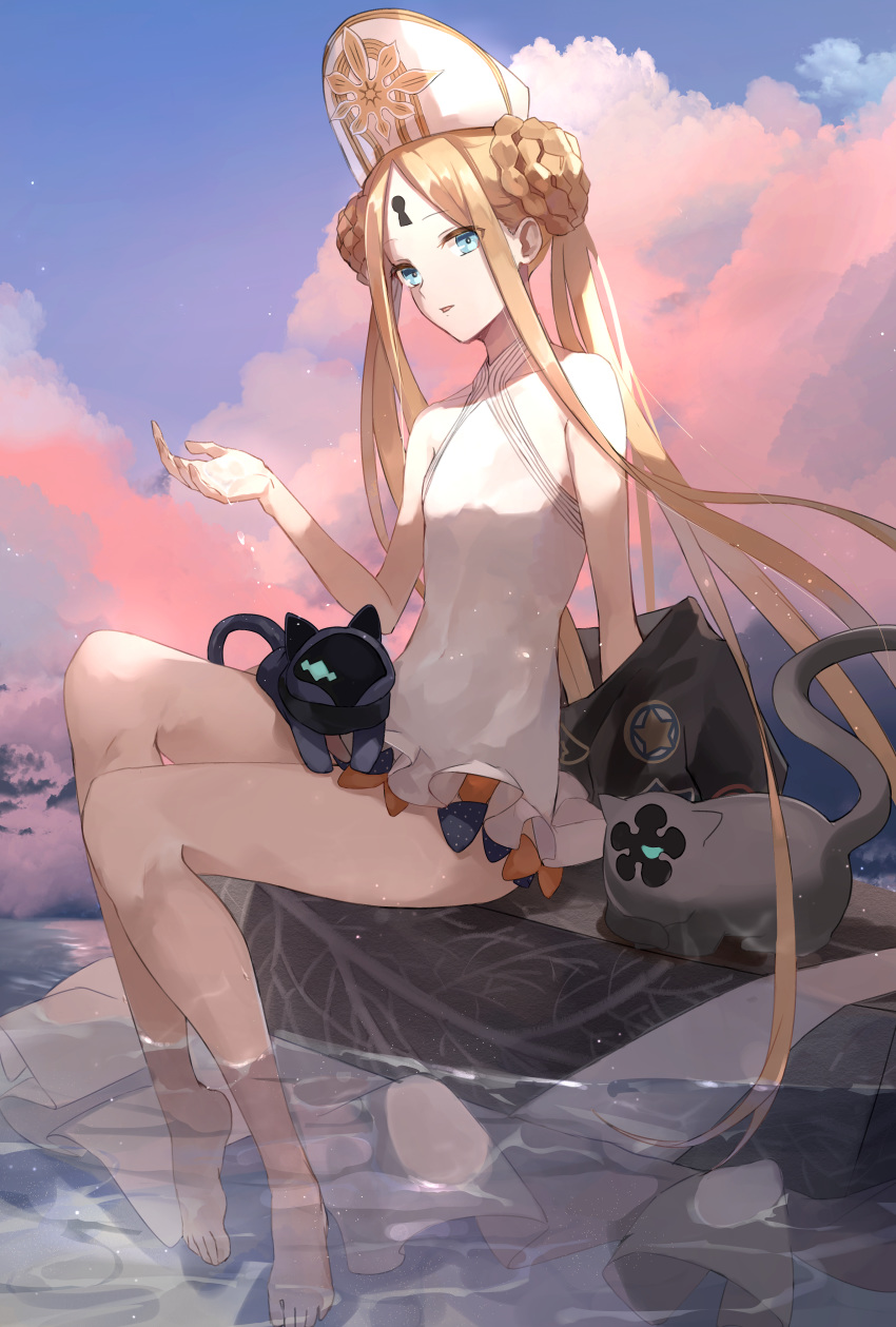 1girl abigail_williams_(fate/grand_order) abigail_williams_(swimsuit_foreigner)_(fate) absurdres bangs bare_shoulders black_bow black_cat blonde_hair blue_eyes bow braid braided_bun breasts cat double_bun dress_swimsuit fate/grand_order fate_(series) forehead highres hoshi_rasuku keyhole legs long_hair looking_at_viewer mitre multiple_bows open_mouth orange_bow parted_bangs parted_lips polka_dot polka_dot_bow sidelocks sitting twintails very_long_hair water white_headwear