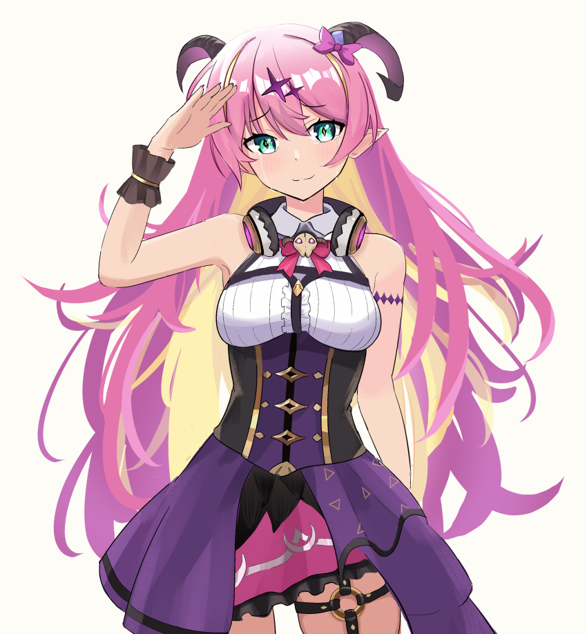 :3 absurdres arc_hive9 arm_at_side arm_up armpits asymmetrical_horns bangs black_corset blonde_hair bow bowtie breasts center_frills colored_inner_hair commentary_request corset cowboy_shot crying crying_with_eyes_open diamond-shaped_pupils diamond_(shape) eyebrows_visible_through_hair fingernails flipped_hair frilled_skirt frills furrowed_eyebrows green_eyes hair_ornament headphones headphones_around_neck highres hololive horn_bow horns layered_skirt long_fingernails long_hair mano_aloe multicolored_hair neck_ribbon o-ring pink_bow pink_hair pink_nails pink_neckwear pink_ribbon pink_skirt print_skirt purple_bow ribbed_shirt ribbon salute shiny shiny_hair shirt simple_background skindentation skirt skull sleeveless smile solo standing star_(symbol) star_hair_ornament symbol-shaped_pupils tears thigh_strap very_long_hair virtual_youtuber white_background wing_collar wrist_cuffs