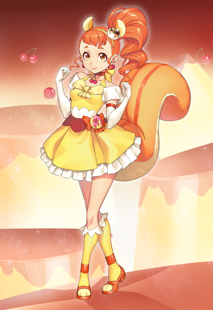 1girl absurdres animal_ears brown_eyes collarbone cure_custard dress elbow_gloves frilled_legwear full_body gloves hair_ornament hairband high_ponytail highres huai_diao_de_zongzi kirakira_precure_a_la_mode kneehighs layered_dress long_hair orange_hair precure shiny shiny_hair short_dress side_ponytail solo squirrel_ears squirrel_girl squirrel_tail standing tail white_gloves yellow_dress yellow_hairband yellow_legwear