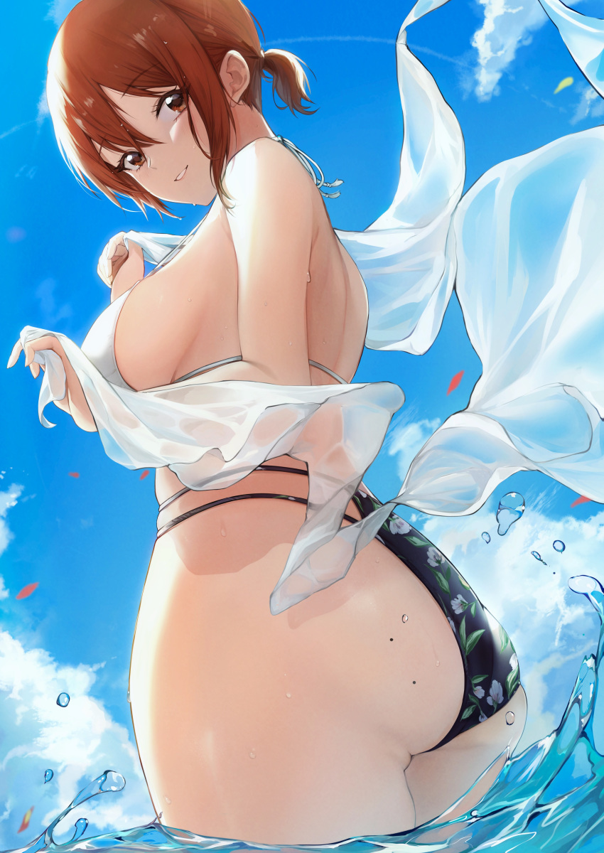 1girl absurdres akito_(d30n26) ass back bangs bare_shoulders bikini blue_sky blush breasts brown_eyes brown_hair clouds commentary_request cowboy_shot day eyebrows_visible_through_hair from_behind from_below hair_between_eyes halterneck highres large_breasts looking_at_viewer looking_back mole mole_on_ass multi-strapped_bikini original outdoors parted_lips see-through short_hair short_ponytail sideboob sidelocks sky smile solo swimsuit wading water wet