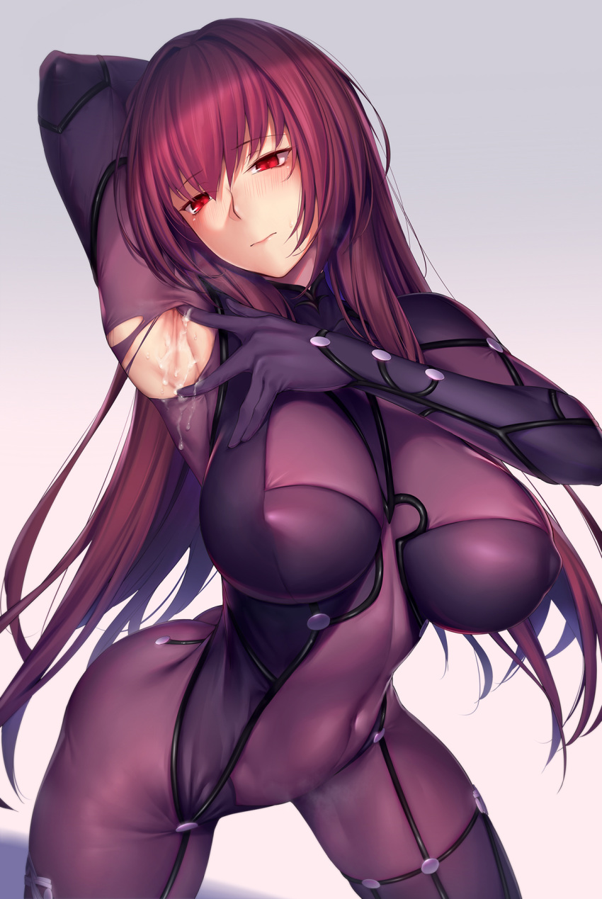 1girl arm_behind_head arm_up armpits bangs blush bodysuit breasts covered_navel fate/grand_order fate_(series) hair_intakes highres large_breasts long_hair looking_at_viewer lun7732 purple_bodysuit purple_hair red_eyes scathach_(fate)_(all) scathach_(fate/grand_order) thighs torn_bodysuit torn_clothes