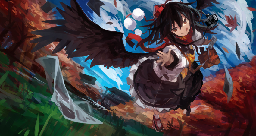 1girl absurdres bird_wings black_hair black_skirt black_wings bunbunmaru camera closed_mouth collared_shirt flying flying_paper frilled_skirt frills geta grass hat highres huge_filesize kaamin_(mariarose753) leaf leaf-pattern_stripe looking_at_viewer newspaper painterly paper pom_pom_(clothes) red_eyes red_footwear scarf shameimaru_aya shirt short_hair skirt smile socks solo tengu tengu-geta tokin_hat tongue tongue_out touhou touhou_lost_word tree white_legwear white_shirt wings