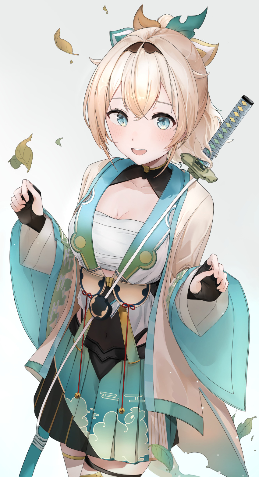 1girl absurdres bangs blonde_hair blue_eyes blue_skirt blush chest_sarashi commentary_request cowboy_shot haori highres hololive japanese_clothes kazama_iroha leaf long_sleeves looking_at_viewer mizo open_mouth pleated_skirt ponytail sarashi sheath sheathed short_hair simple_background skirt smile solo standing sword thigh-highs virtual_youtuber weapon weapon_on_back white_background wide_sleeves