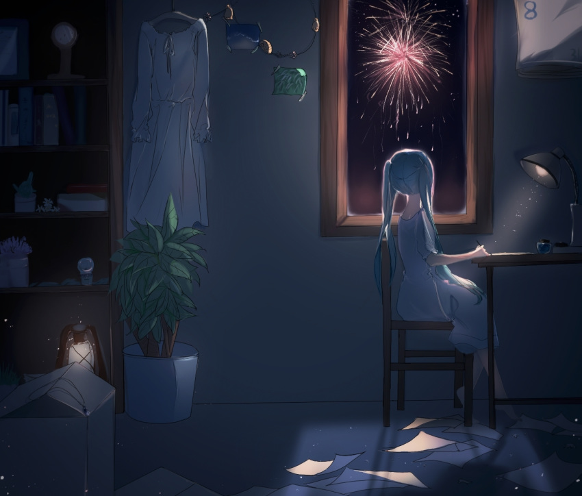 1girl barefoot bed bookshelf chair clothes_hanger commentary dress fireworks from_side hatsune_miku highres holding holding_pen indoors lamp long_hair looking_away night nightgown padako paper pen plant potted_plant shelf sitting table twintails vocaloid white_dress writing