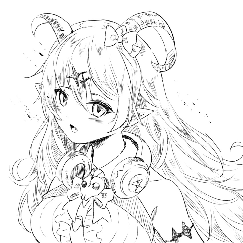 1girl commentary demon_girl demon_horns fang headphones headphones_around_neck highres hololive horns linnea_kataja long_hair looking_at_viewer mano_aloe monochrome open_mouth pointy_ears sketch solo succubus