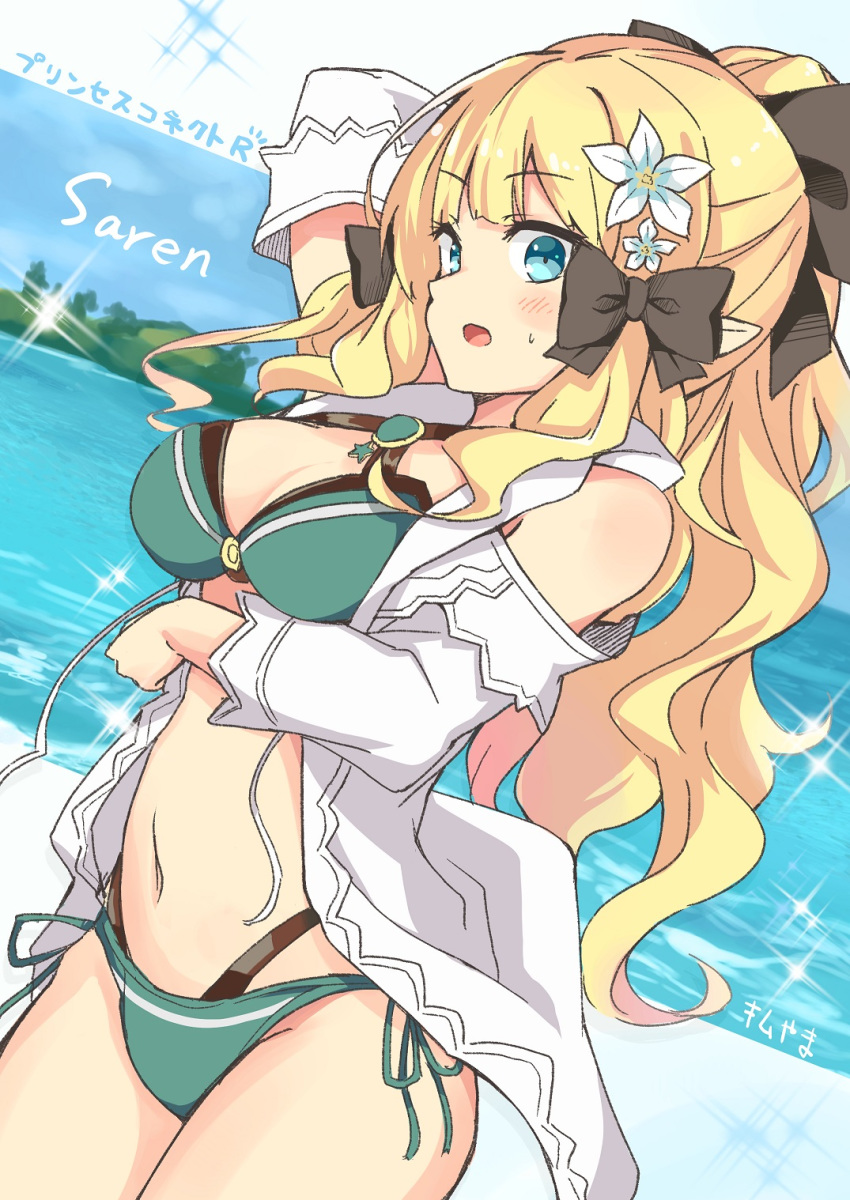 1girl attoyamada bangs bikini black_bow blonde_hair blue_eyes blush bow breasts elf eyebrows_visible_through_hair flower hair_bow hair_flower hair_ornament highres large_breasts long_hair looking_at_viewer open_mouth pointy_ears ponytail princess_connect! princess_connect!_re:dive saren saren_(princess_connect!) solo swimsuit