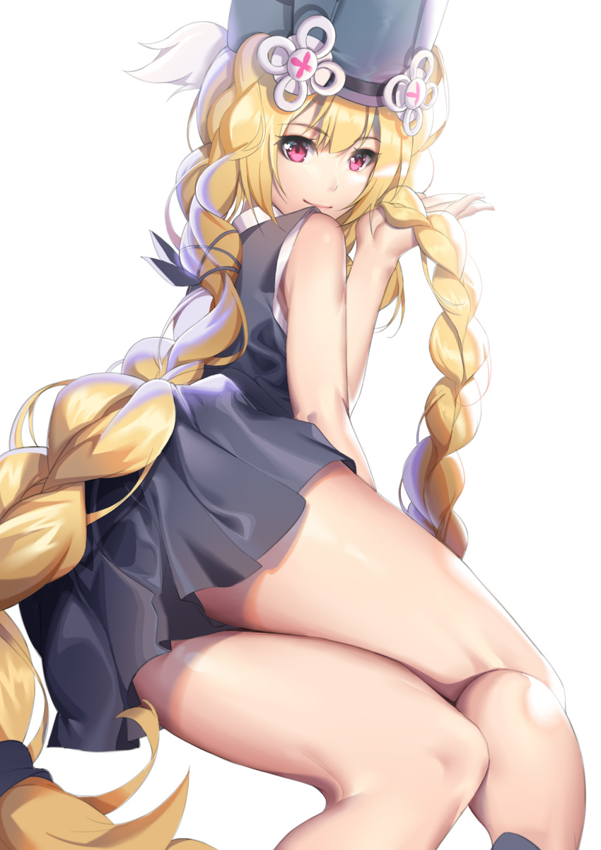 1girl absurdres bare_legs blonde_hair blue_dress blue_headwear braid braiding_hair closed_mouth dress eyebrows_visible_through_hair girls_frontline hair_ornament hairdressing hand_in_hair hand_on_floor hat henz highres long_hair looking_at_viewer lying on_floor on_side open_eyes smile solo sr-3mp_(girls_frontline) thighs twin_braids violet_eyes white_background