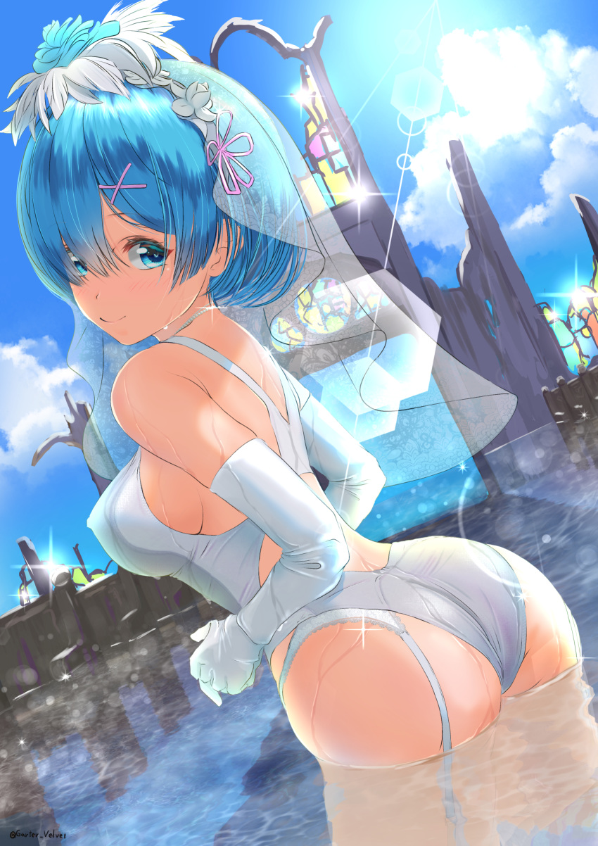 1girl ass blue_eyes blue_hair blue_sky breasts bridal_veil closed_mouth clouds commentary_request competition_swimsuit covered_nipples cowboy_shot elbow_gloves garter-velvet garter_belt garter_straps gloves hair_ornament hair_over_one_eye hair_ribbon highres large_breasts looking_at_viewer maid_headdress medium_breasts one-piece_swimsuit pink_ribbon re:zero_kara_hajimeru_isekai_seikatsu rem_(re:zero) ribbon short_hair sideboob sky smile solo swimsuit thigh-highs veil wading water wet white_gloves white_legwear white_swimsuit x_hair_ornament