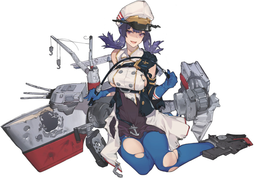 1girl blue_gloves blue_legwear blue_oath breasts buttons crane_(machine) damaged double-breasted dress gloves grin hat highres holding large_breasts looking_at_viewer machinery medium_hair mole mole_under_mouth official_art open_mouth pantyhose peaked_cap purple_hair rainli riding_crop san_francisco_(blue_oath) sleeveless sleeveless_dress smile solo torn_clothes torn_legwear transparent_background turret violet_eyes white_dress white_headwear