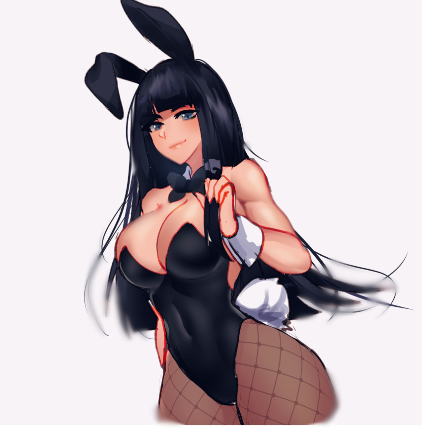 1girl animal_ears bangs bare_shoulders black_hair blunt_bangs blunt_ends bow bowtie breasts bunny_tail bunnysuit collarbone covered_navel cowboy_shot detached_collar english_text fishnet_legwear fishnets highres large_breasts leotard long_hair nsfwolf original pantyhose rabbit_ears simple_background sleeveless solo standing strapless strapless_leotard tail white_background wrist_cuffs