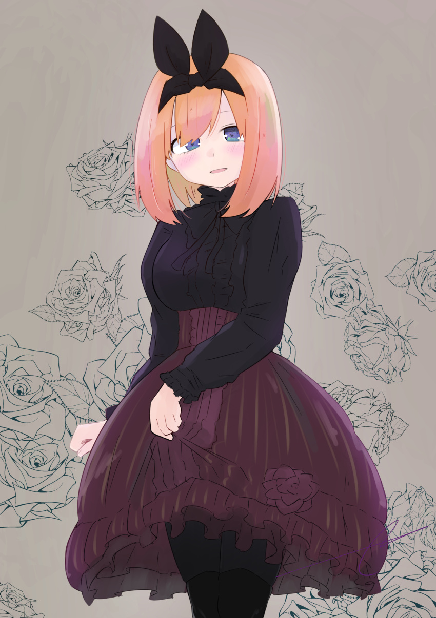 1girl alternate_costume bangs black_legwear black_ribbon black_shirt blue_eyes blush breasts brown_background brown_skirt eyebrows_behind_hair floral_background flower frilled_blouse frilled_skirt frills go-toubun_no_hanayome gothic_lolita hair_over_one_eye hair_ribbon high-waist_skirt highres kujou_karasuma lolita_fashion long_sleeves looking_at_viewer medium_breasts nakano_yotsuba open_mouth orange_hair pantyhose parted_lips ribbon rose shirt simple_background skirt skirt_lift sleeves_past_wrists solo standing