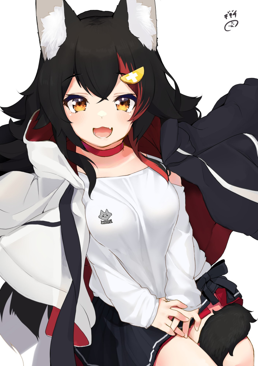 1girl :3 animal_ear_fluff animal_ears artist_logo black_hair black_jacket black_skirt blush breasts commentary cowboy_shot eyebrows_visible_through_hair fang from_above hair_ornament hands_on_lap highres hololive hood hooded_jacket jacket jacket_on_shoulders long_hair looking_at_viewer medium_breasts miniskirt multicolored_hair nejime ookami_mio open_clothes open_jacket open_mouth pleated_skirt redhead shirt shoulder_cutout signature simple_background sitting skin_fang skirt smile solo streaked_hair tail thighs two-tone_hair two-tone_jacket virtual_youtuber white_background white_jacket white_shirt wolf_ears wolf_tail
