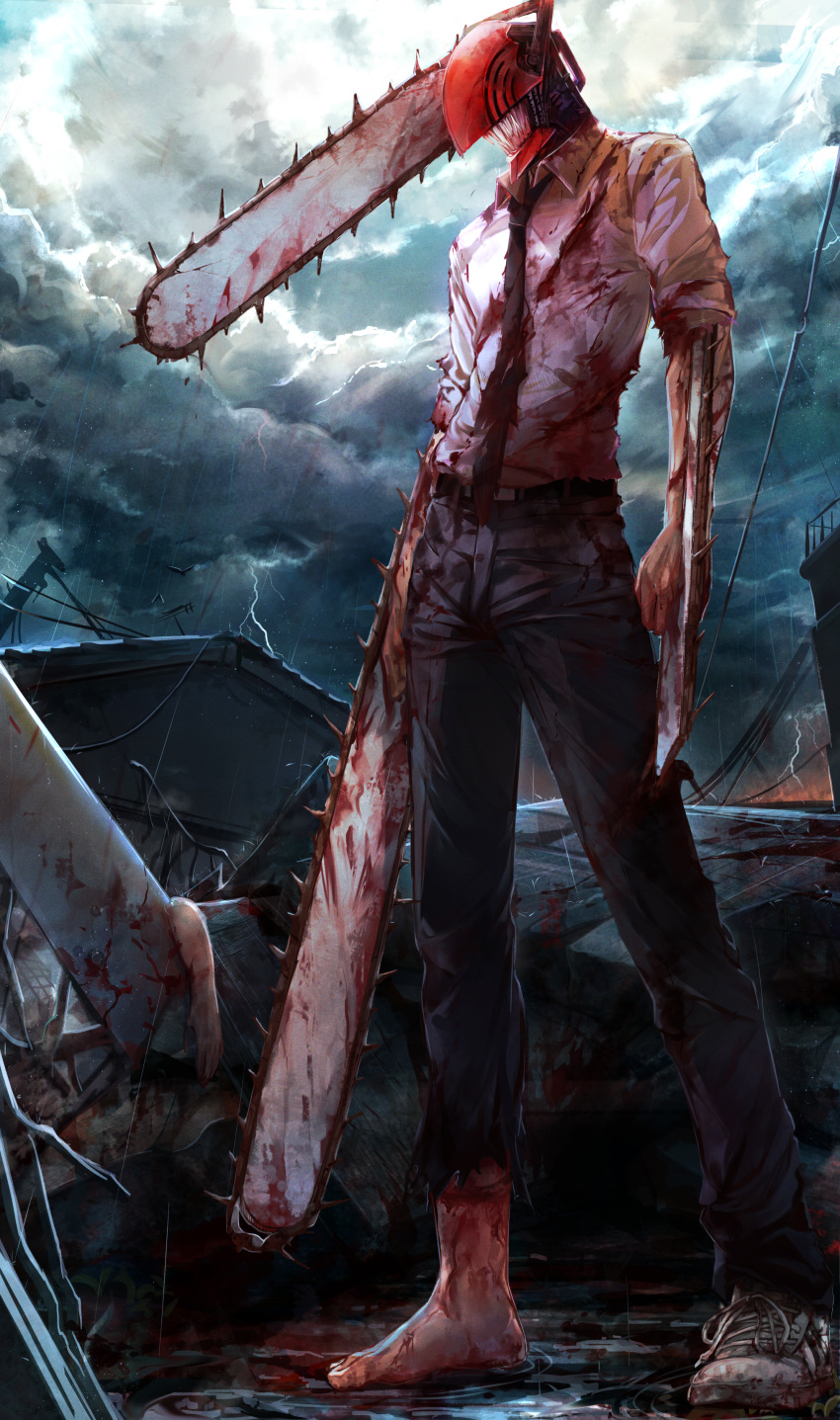 1boy absurdres belt black_neckwear black_pants blade blood bloody_clothes bloody_feet chainsaw chainsaw_man clouds cloudy_sky collared_shirt commentary_request denji_(chainsaw_man) full_body highres huge_filesize lightning male_focus matsunaga777 monster_boy necktie pants power_lines rain sharp_teeth shirt shirt_tucked_in shoes single_shoe sky sleeves_rolled_up solo standing teeth telephone_pole water water_drop white_footwear white_shirt