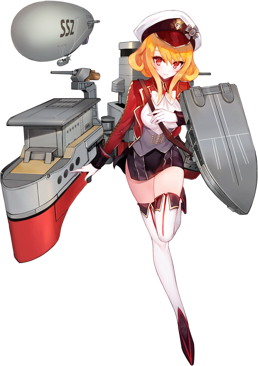 1girl aircraft artist_request bangs black_footwear black_skirt blonde_hair blue_oath blush breasts dirigible furious_(blue_oath) gloves hat highres jacket long_sleeves medium_breasts official_art peaked_cap pencil_skirt red_eyes rigging sidelocks skirt smile solo thigh-highs transparent_background white_gloves white_headwear white_legwear