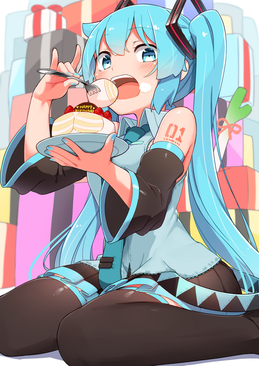 1girl \m/ abmayo aqua_eyes aqua_hair bangs birthday birthday_cake black_legwear blue_nails blue_neckwear blue_shirt box cake commentary detached_sleeves eating eyebrows_visible_through_hair food food_on_face fork fruit gift gift_box happy_birthday hatsune_miku highres holding holding_plate long_hair nail_polish necktie open_mouth plate shiny shiny_hair shiny_skin shirt sitting skirt solo spring_onion strawberry tattoo teeth thigh-highs twintails very_long_hair vocaloid wariza