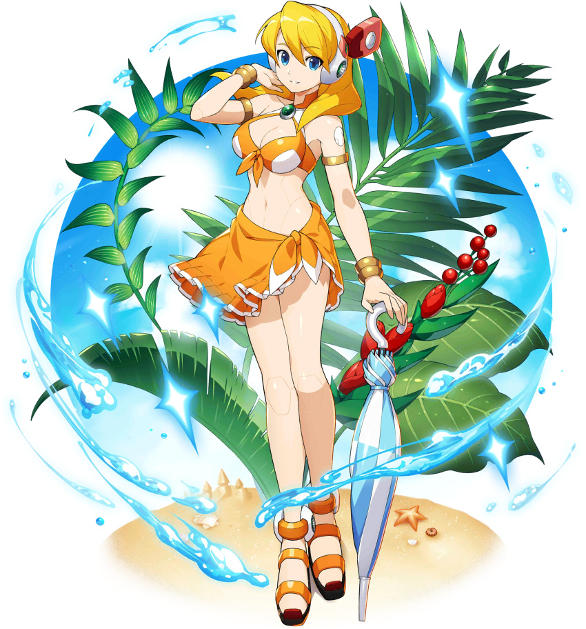 1girl alia_(rockman) android bangs beach bikini blonde_hair blue_eyes breasts capcom eyebrows_visible_through_hair full_body hair_between_eyes hand_in_hair headgear highres holding large_breasts long_hair mizuno_keisuke official_art parasol robot_ears rockman rockman_x rockman_x_dive sarong smile solo standing starfish summer swimsuit transparent_background umbrella water