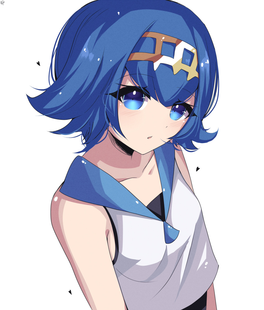 1girl bangs blue_eyes blue_hair blue_sailor_collar breasts collarbone collared_shirt eyebrows_visible_through_hair hair_between_eyes hairband highres lana_(pokemon) lury.sgh open_mouth pokemon pokemon_(game) pokemon_sm sailor_collar sailor_shirt shiny shiny_hair shirt short_hair simple_background sketch sleeveless sleeveless_shirt small_breasts solo upper_body white_background white_shirt