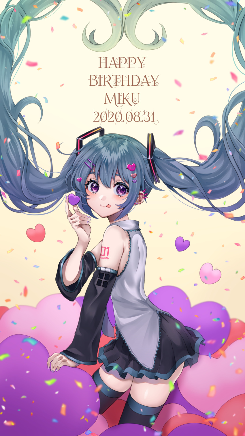 1girl :p absurdres alternate_eye_color black_legwear black_skirt blue_hair character_name commentary_request dated detached_sleeves gradient gradient_background hair_ornament hairclip happy_birthday hatsune_miku heart heart_hair heart_hair_ornament highres katou_kuroko long_hair looking_at_viewer nail_polish purple_nails skirt solo thigh-highs thighs tongue tongue_out twintails very_long_hair violet_eyes vocaloid yellow_background zettai_ryouiki