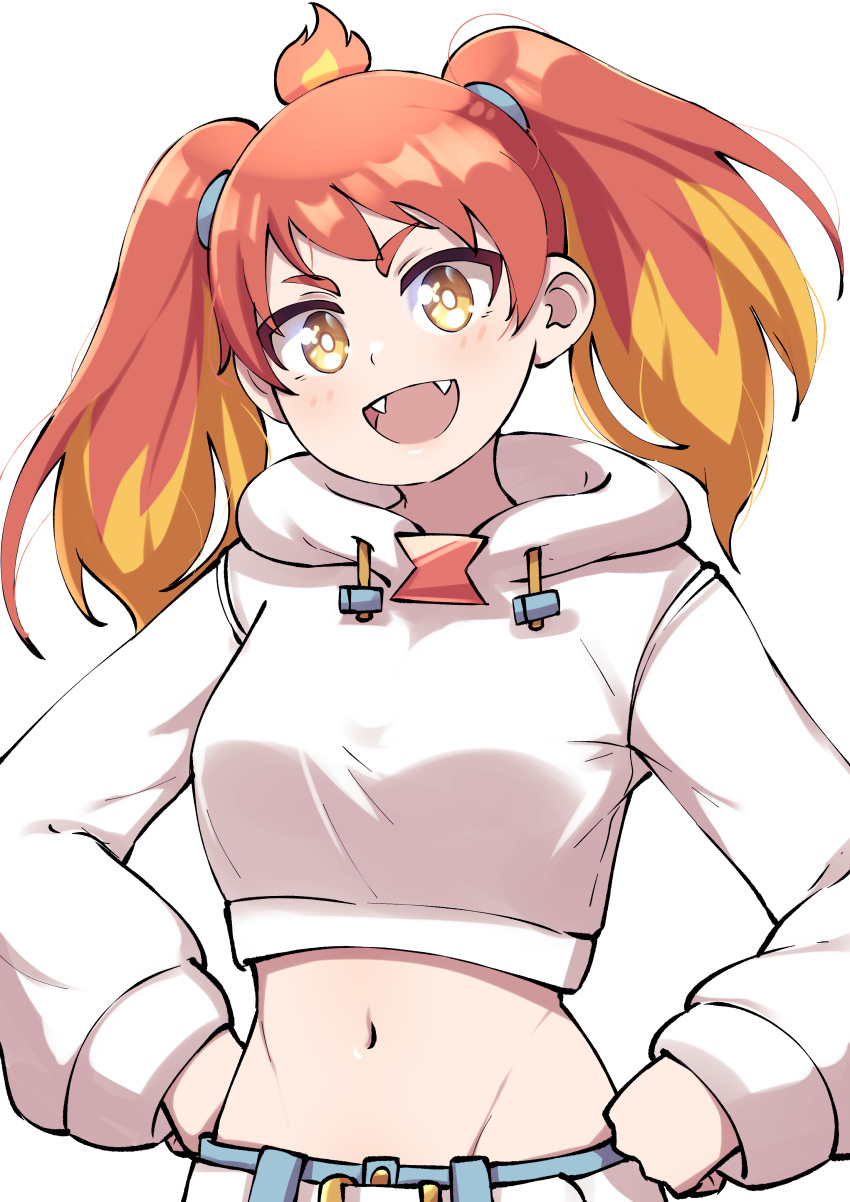 1girl :d absurdres ahoge blonde_hair breasts bright_pupils crop_top disco_brando english_commentary fangs hands_on_hips head_tilt highres hikasa_tomoshika hood hoodie long_sleeves looking_at_viewer medium_breasts midriff multicolored_hair navel open_mouth orange_hair sharp_teeth short_twintails simple_background smile solo standing stomach teeth twintails two-tone_hair upper_body v-shaped_eyebrows virtual_youtuber voms white_background white_hoodie white_pupils yellow_eyes