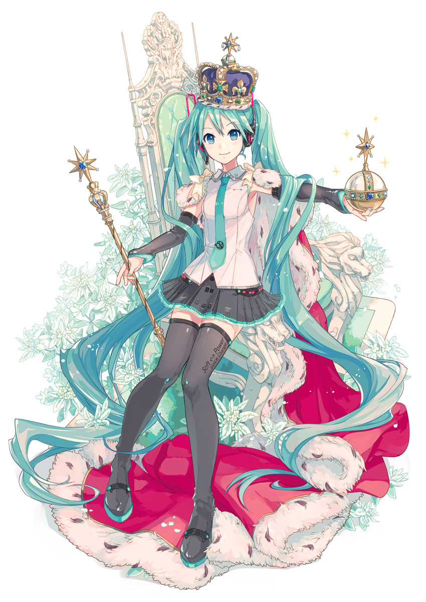 aqua_eyes aqua_hair aqua_nails aqua_neckwear black_legwear black_skirt black_sleeves boots cape commentary crown detached_sleeves flower full_body fur-trimmed_cape fur_trim hair_ornament hatsune_miku hatsune_miku_(vocaloid4) headphones headset highres holding holding_scepter ixima long_hair looking_at_viewer miniskirt nail_polish necktie orb outstretched_arm pleated_skirt red_cape scepter shirt skindentation skirt sleeveless sleeveless_shirt smile star_(symbol) thigh-highs thigh_boots throne translucent twintails v4x very_long_hair vocaloid white_shirt zettai_ryouiki