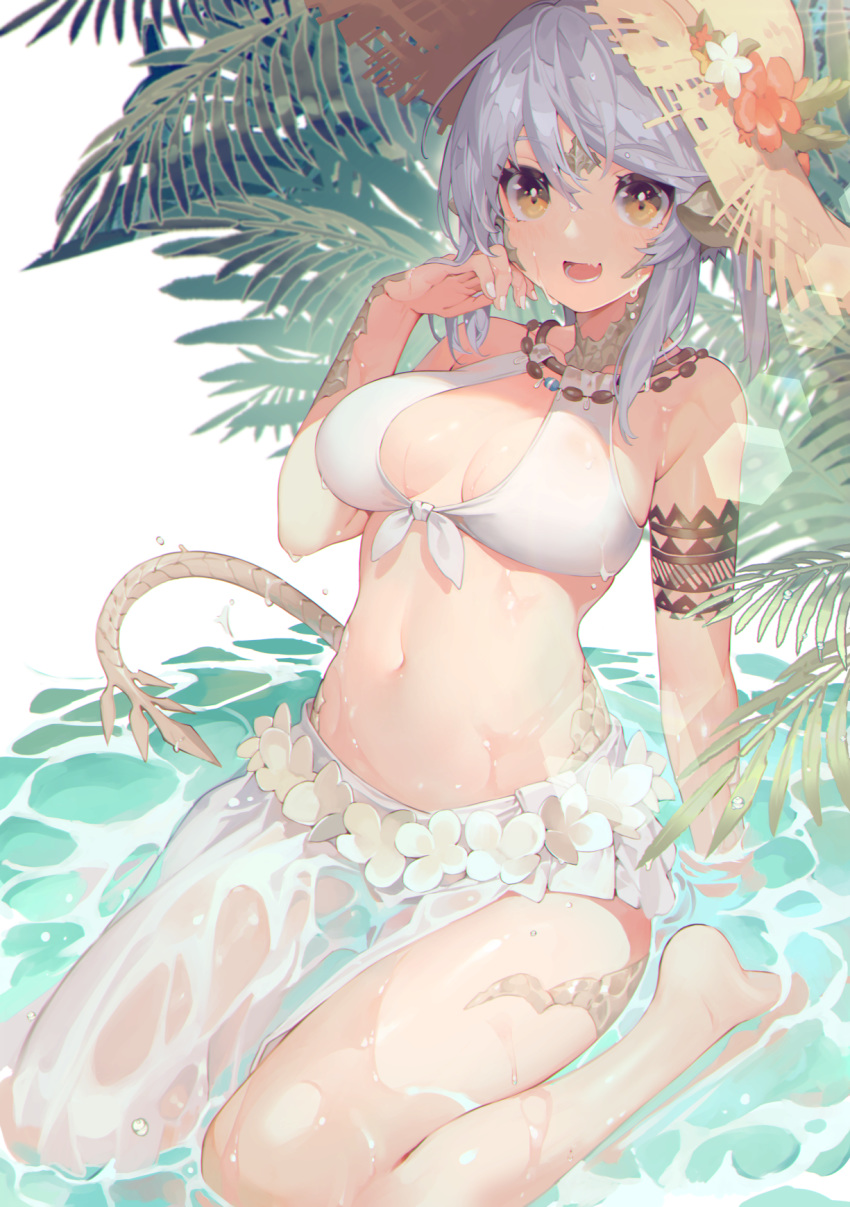1girl :d akizone arm_support armlet au_ra bare_shoulders barefoot bikini breasts brown_headwear caustics dragon_horns dragon_tail fang final_fantasy final_fantasy_xiv front-tie_bikini front-tie_top hand_up hat highres horns looking_at_viewer medium_breasts navel open_mouth plant sarong short_hair silver_hair sitting smile solo stomach straw_hat swimsuit tail thighs water white_background white_bikini yellow_eyes