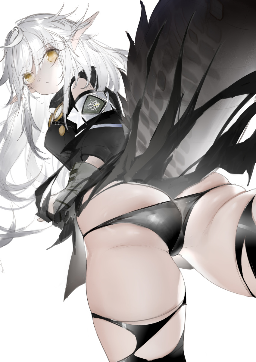 1girl absurdres arknights ass bangs bare_shoulders black_legwear black_panties commentary_request crocodilian_tail eyebrows_visible_through_hair highres horz large_tail long_hair panties pointy_ears silver_hair simple_background solo tail thigh-highs thighs tomimi_(arknights) torn_clothes torn_legwear underwear white_background yellow_eyes