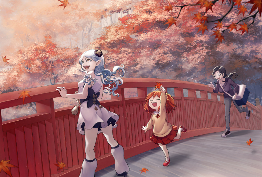 3girls :d autumn_leaves black_hair bridge child chitekkurin cooler day highres himari_(tokedase!_mizorechan) koharu_(tokedase!_mizorechan) leaf long_hair maple_leaf mary_janes mizore_(tokedase!_mizorechan) multiple_girls open_mouth outdoors pants pointy_ears red_footwear red_skirt redhead shirt shoes short_hair silver_hair skirt smile sneakers standing tokedase!_mizorechan white_legwear